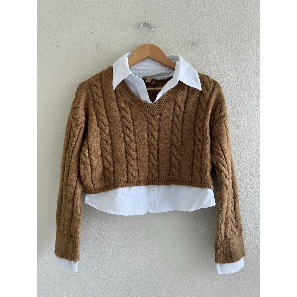Pilcro Size XS Camel Cable Knit Cropped Layered 2-in-1 Sweater Top Preppy